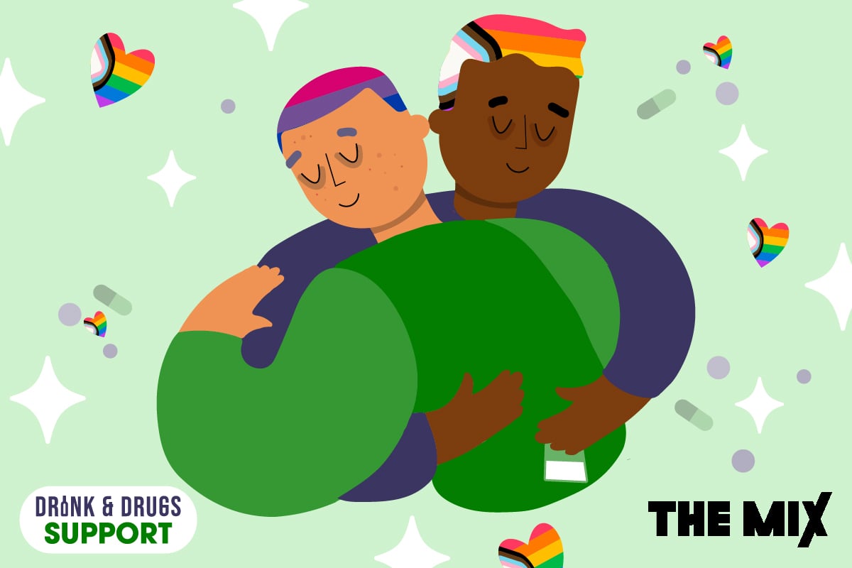 Two young people are hugging each other. They have rainbow stripes in their hair and in the background there are pills floating against a green background representing chemsex