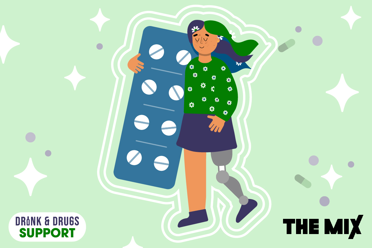 A young person is illustrated with a prosthetic leg; they are wearing a green top and have green and purple hair. They are holding a pack of pills which represents addiction to Valium
