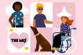 Graphic shows three young people. One has red hair and is sitting in a wheelchair, another is wearing a purple t-shirt and glasses and has a guide dog and the third is wearing a t-shirt printed with flowers and is using a mobility aid. The background is pink and The Mix logo is in a heart shape