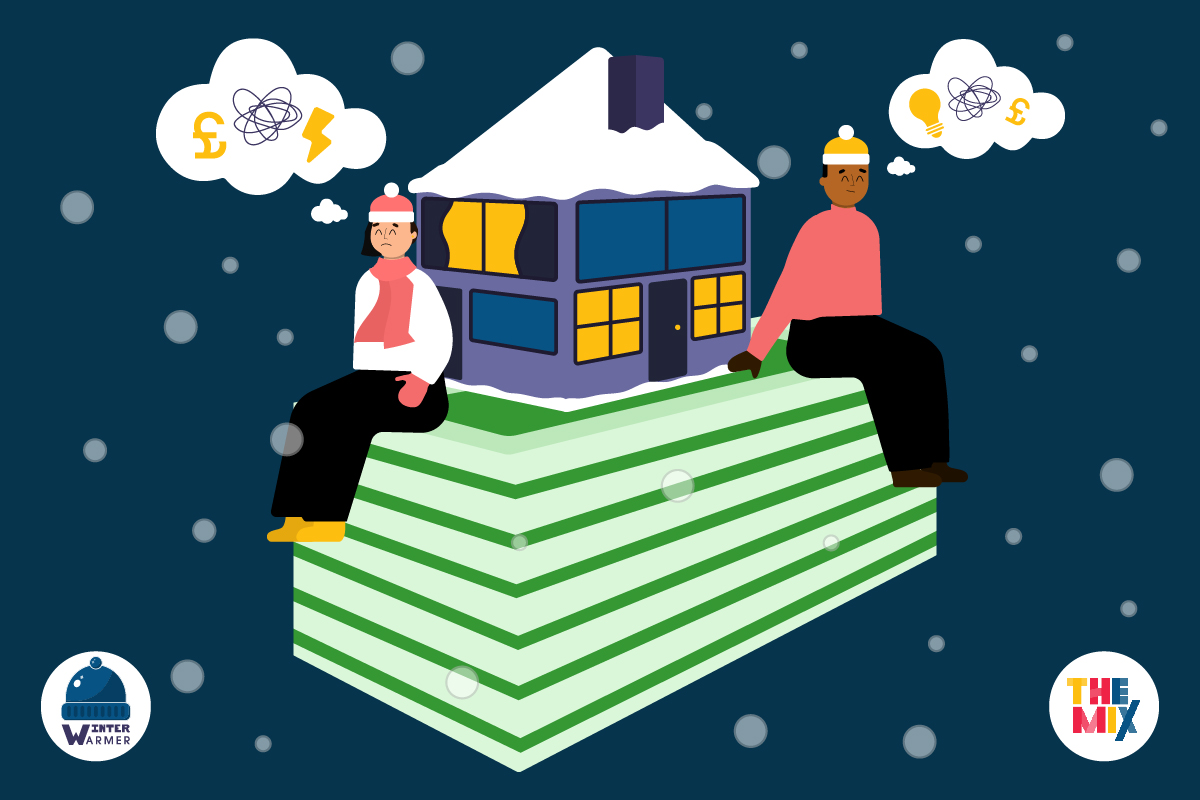 Two young people are sitting on some steps at the edge of a house wearing hats and gloves. There are thought bubbles above them with lightbulbs and pound signs, representing worries about the cost of living crisis