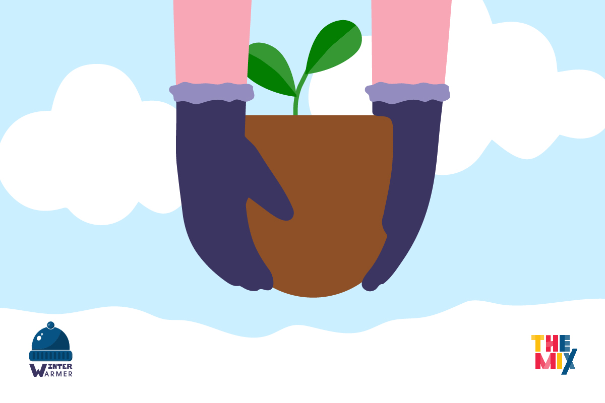 Graphic shows two gloved hands planting a plant in the ground, representing grounding techniques for anxiety