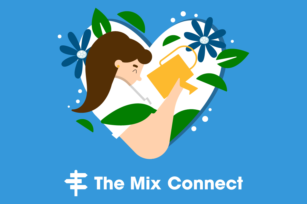 A young person is sitting in a heart shaped frame with flowers growing around it. They are holding a watering can to represent the support offered by The Mix Connect