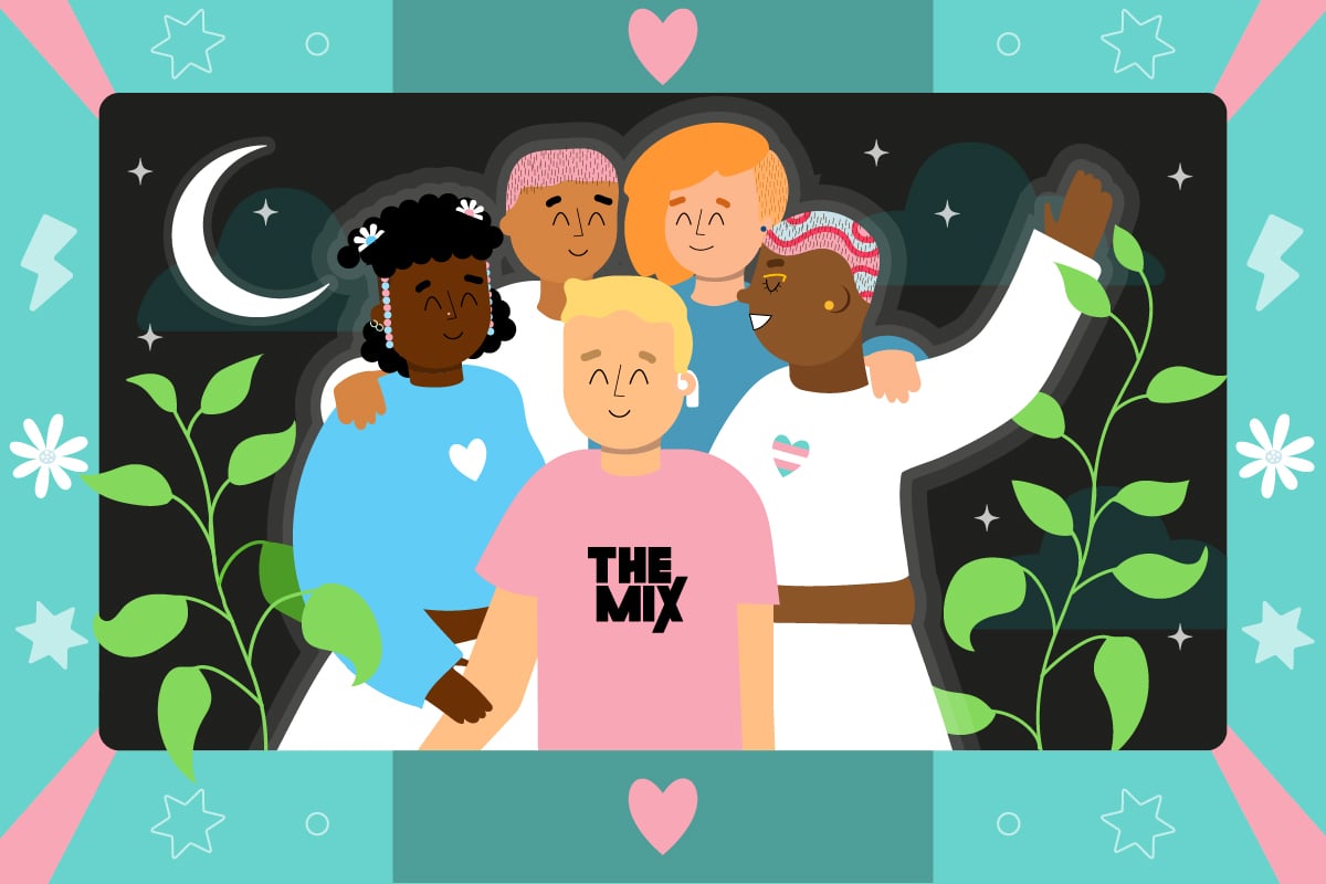 A group of young people are standing together smiling. The illustration is within a frame to represent a happy memory - like feeling better when you're with people who show allyship. This represents how to be a trans ally.