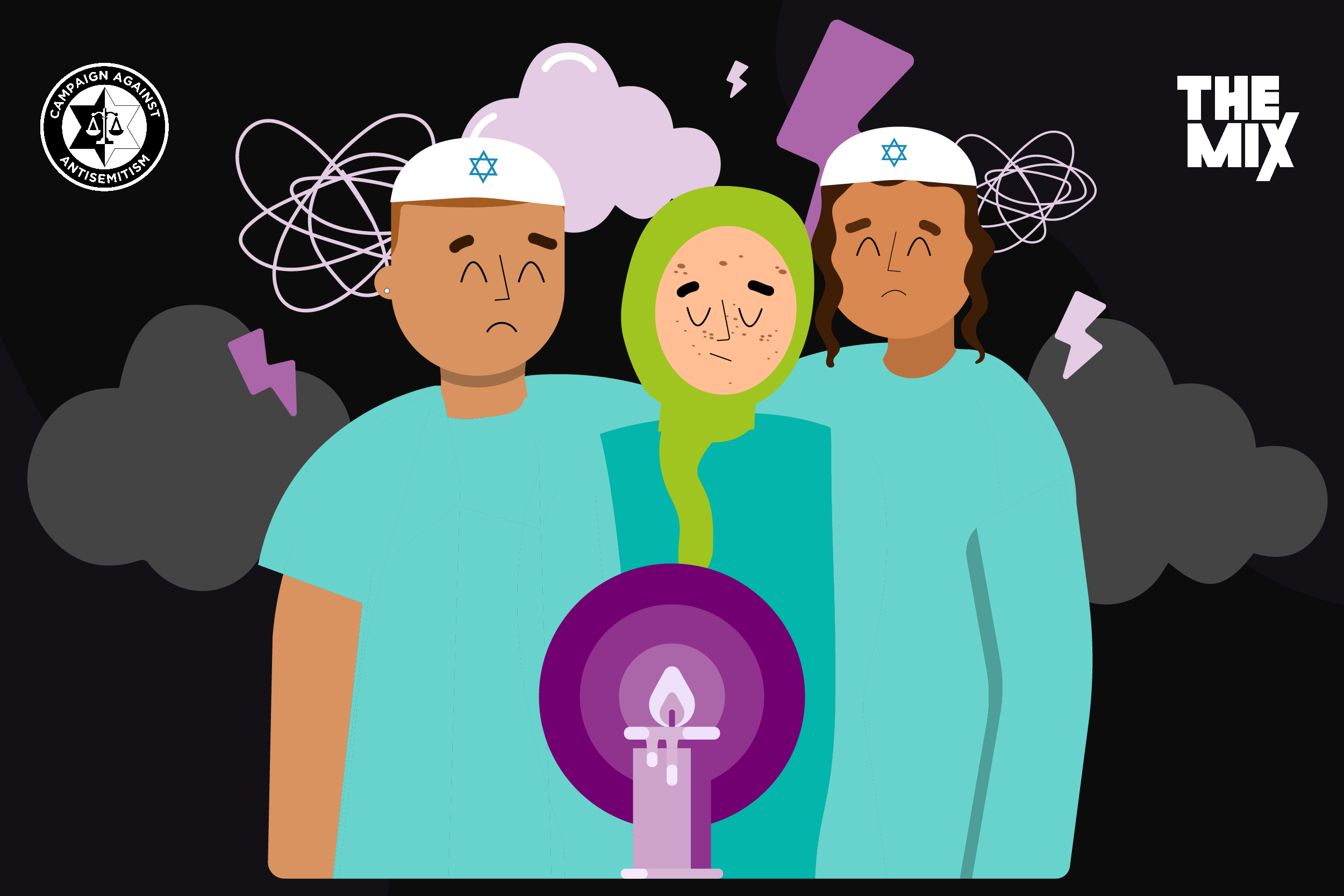 Graphic shows three young jewish people standing side by side in front of a candle representing their religion. The dark sky and clouds behind them symbolise antisemitism