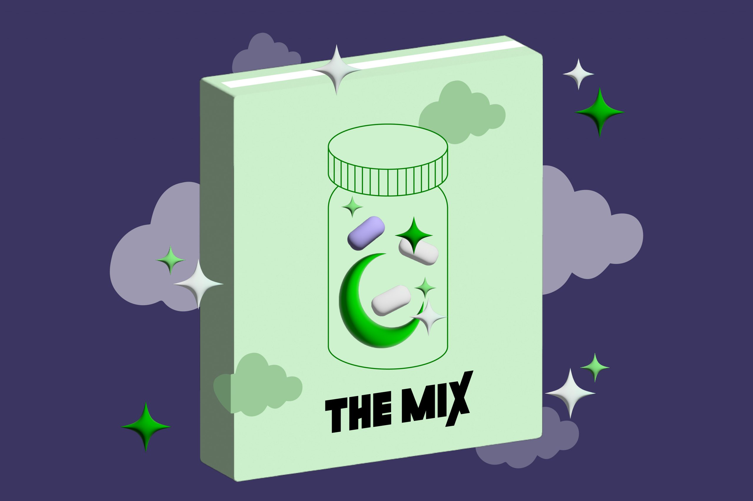 Graphic shows a book against a background of a night sky. The cover of the book shows a jar with pills, moons and stars. The images represent a guide to sleeping pills.