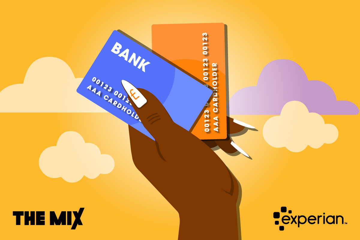 Graphic shows a hand holding two credit cards with a pud sign on their thumbnail