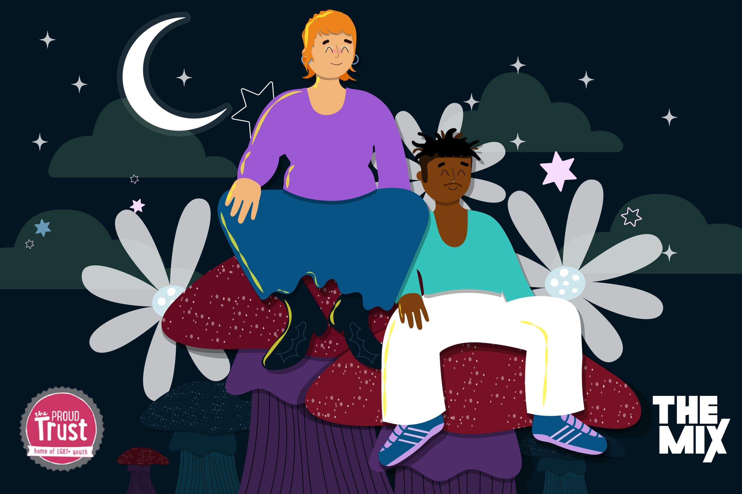 Graphic shows two young people sitting on giant mushrooms. In the background is a night sky with a moon and stars, to represent the possibilities of a non-binary identity.