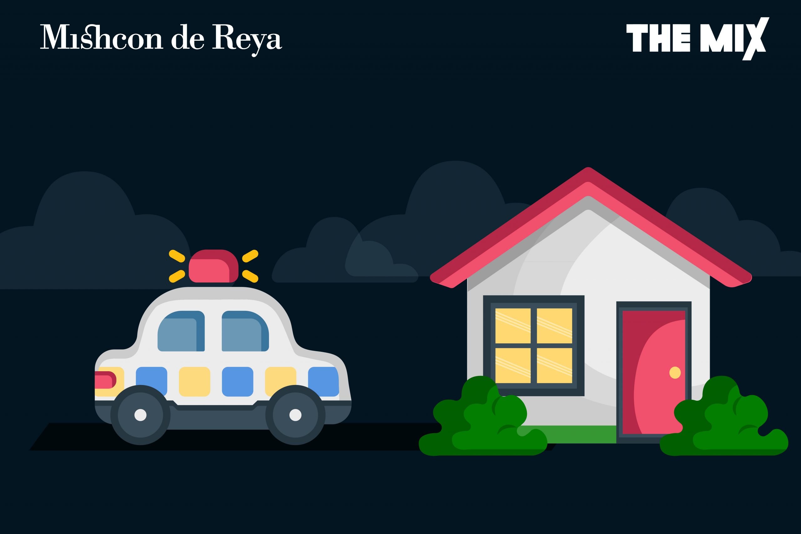 Graphic shows a police car arriving at a house at night time, representing a police welfare check
