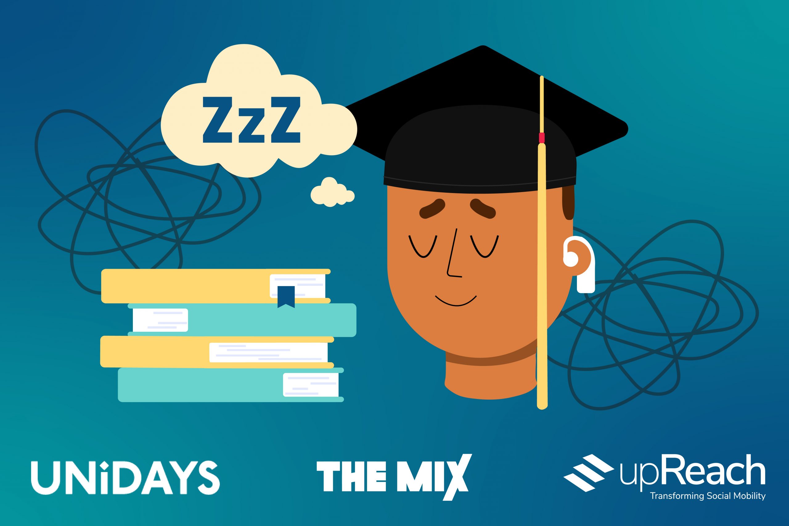 Graphic shows a young person in a graduation cap asleep next to a pile of books. This represents the transition from school to university.