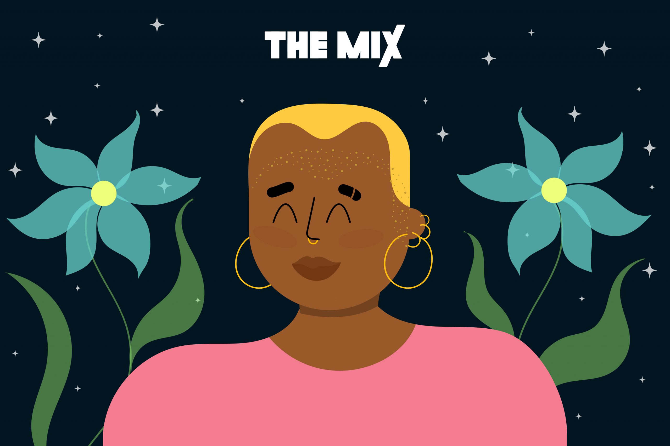 Graphic shows a young person wearing pink with short blonde hair. They are wearing hoop earrings and they are sitting between two blue flowers with a night sky in the background. The image represents coming out as Non-Binary.