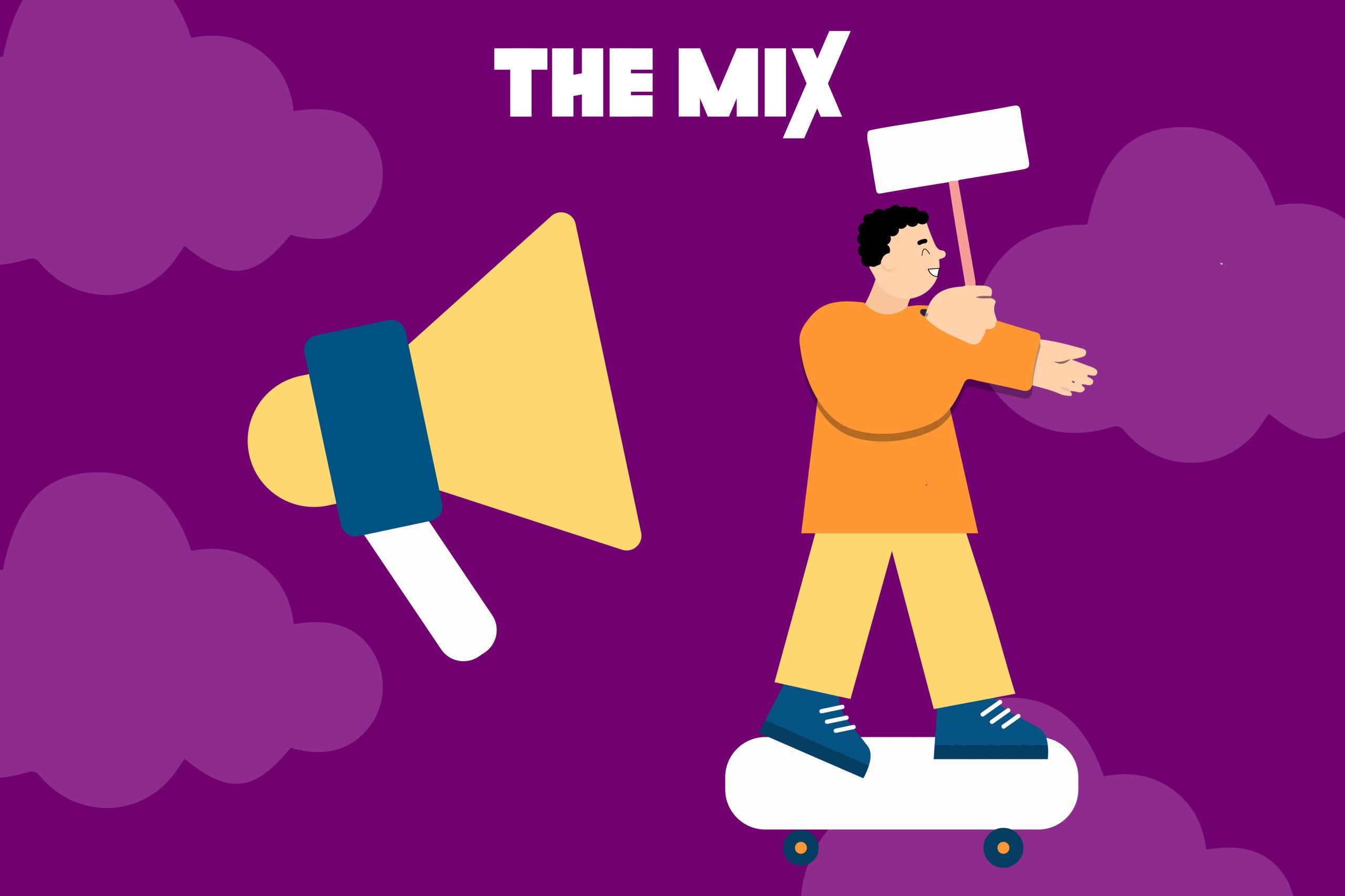 A young person is standing on a skateboard holding a sign against a purple background. There is a megaphone next to them. The illustrations represent a guide to becoming an activist.