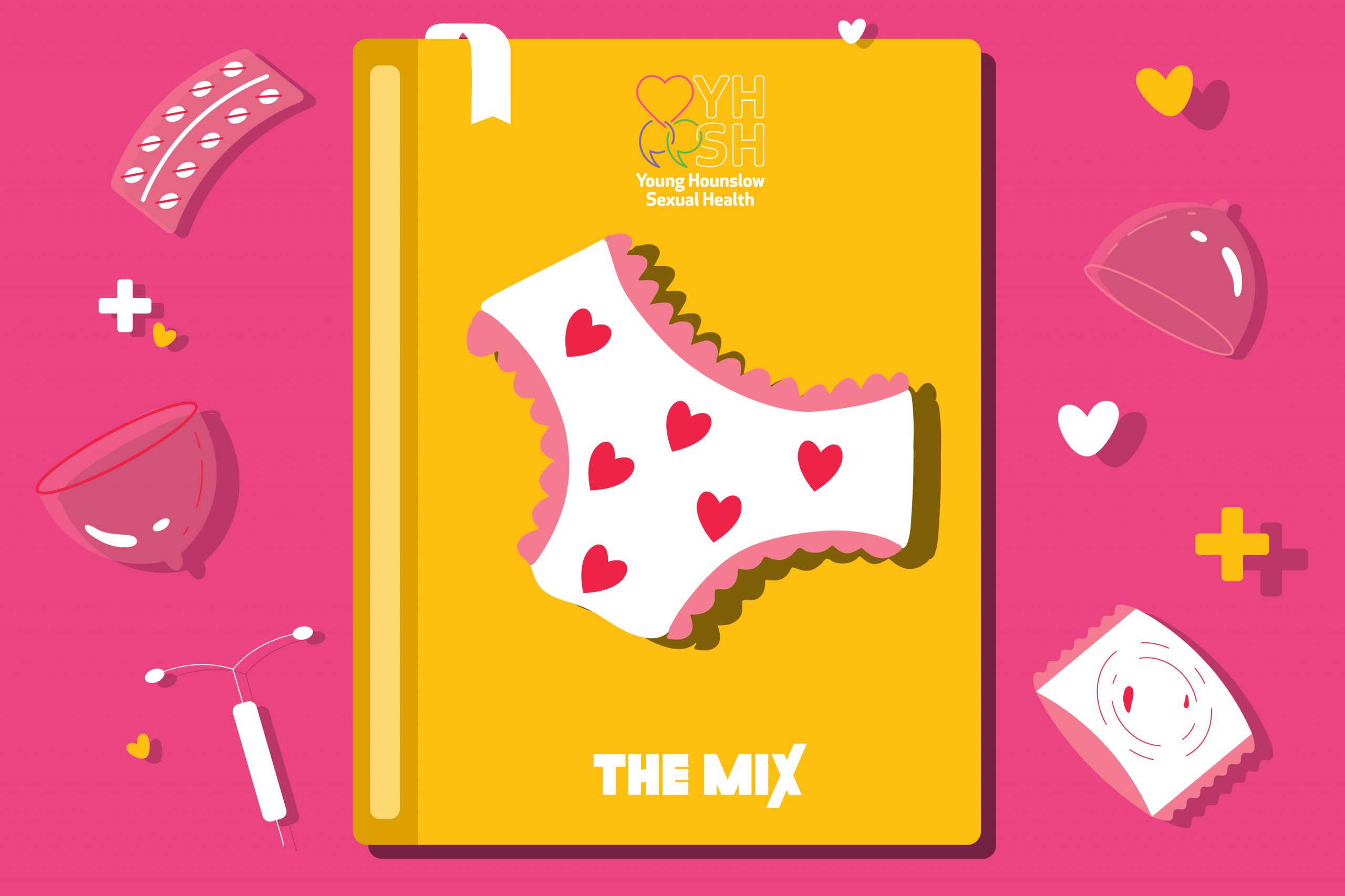 Graphic shows a yellow book with some heart covered underwear on the front cover representing a guide to first time sex. The background is pink and there are illustrations of contraception, hearts and plus signs