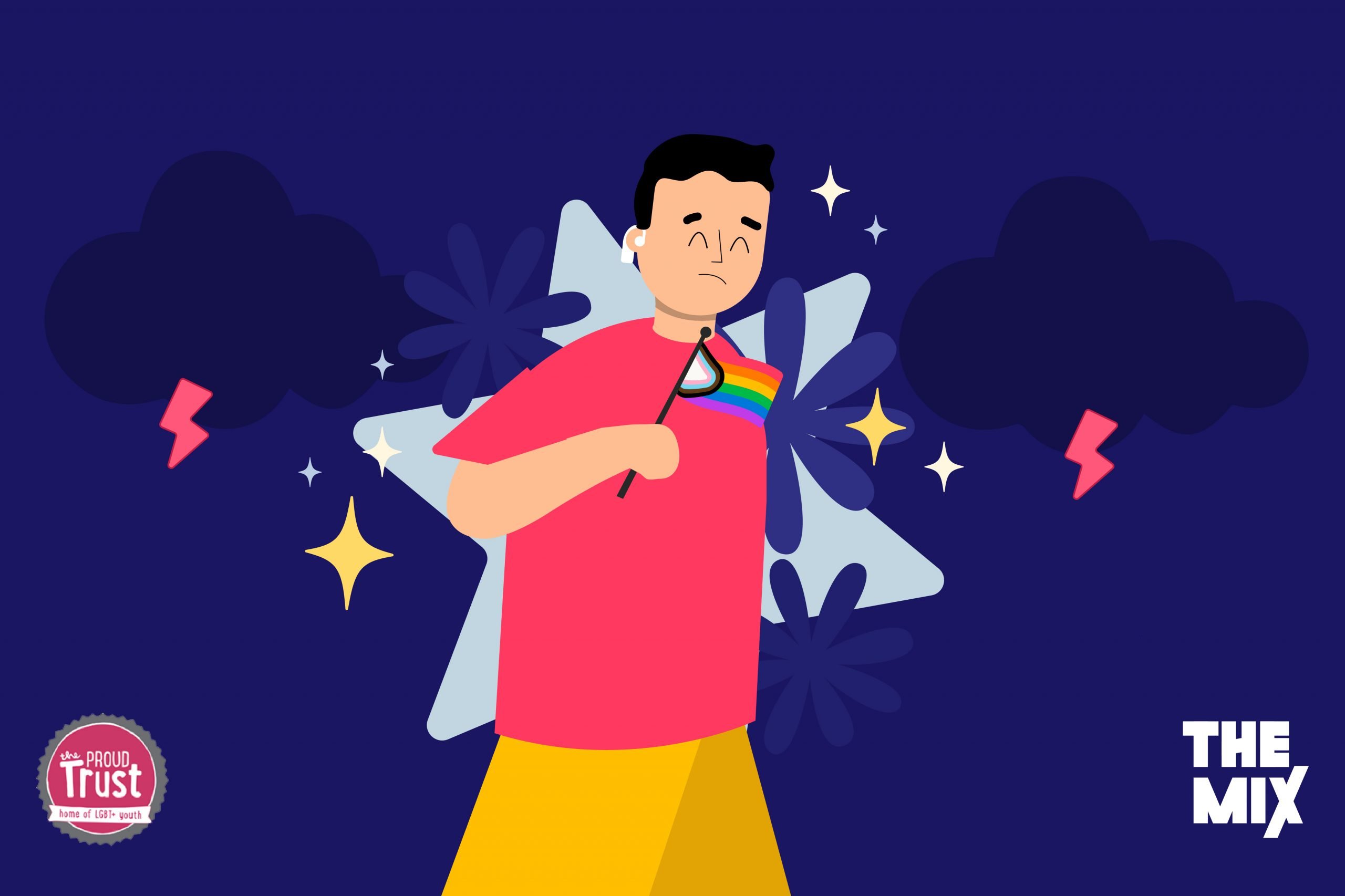 A young person wearing a hearing aid and a red t-shirt is waving an LGBTQ+ pride flag. There is a star in the background and stars and lightening bolts to represent transphobia and homophobia