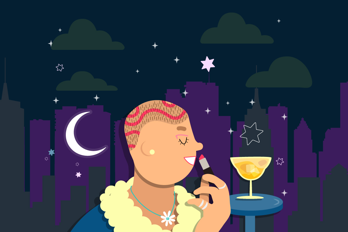 A young person is out at night wearing a coat and applying lipstick. They have a cocktail and are wearing a blue coat and jewellery. The image represents staying safe on a night out.