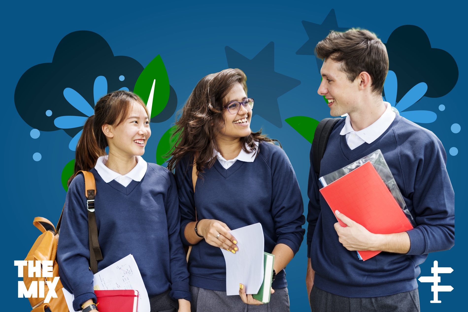 Three young people in school uniforms are walking and talking about the support offered by The Mix Connect.