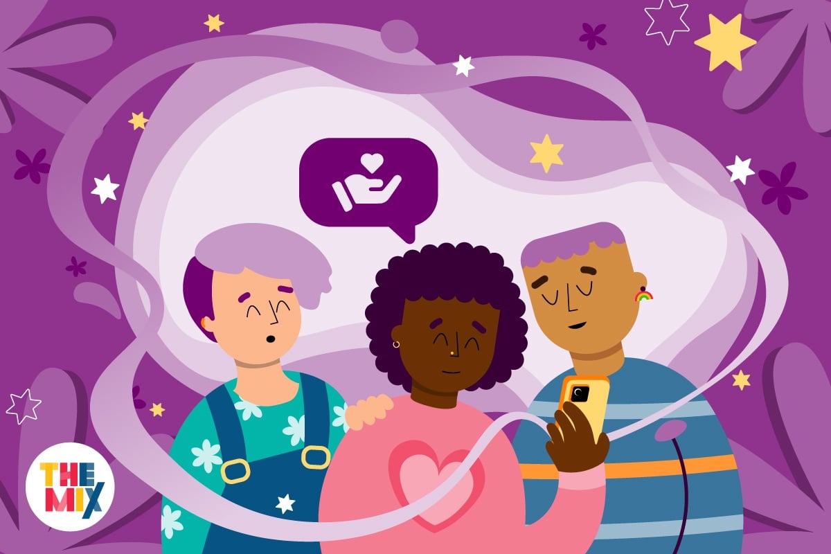 Three young people are standing next to each other against a purple background. There is a text bubble with a hand holding a heart to represent support for sexual violence.