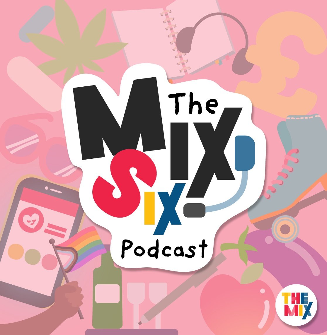 The Mix Six logo, featuring phones, emojis, school books and sunglasses.