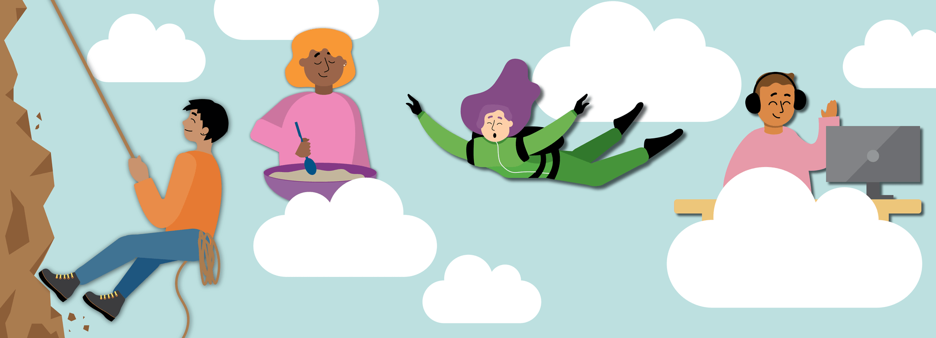 Young people sit on clouds.