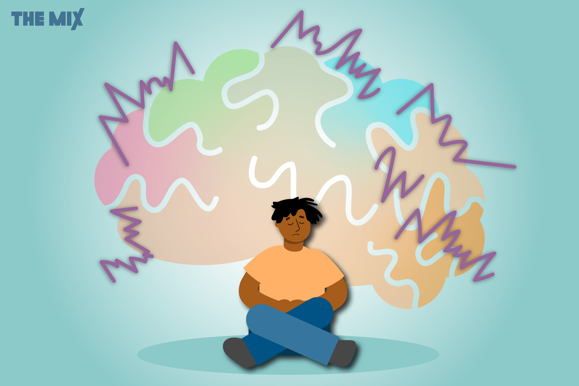 A young person is surrounded by loud thoughts